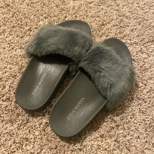 Gray Steve Madden Fur Slides